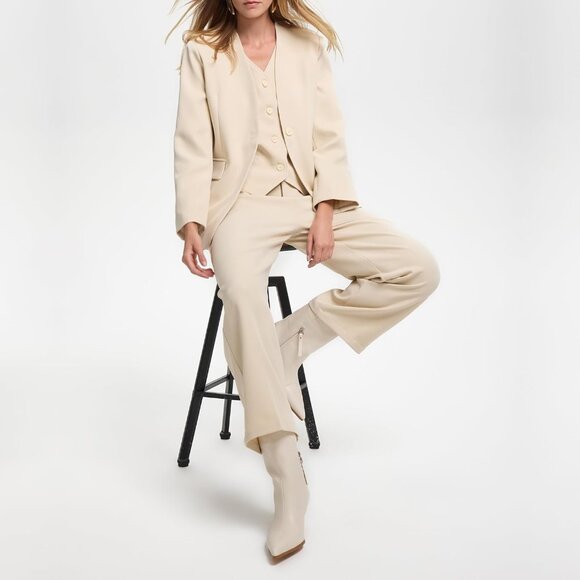 Women White Kitten Heel Pointed Toe Stiletto Faux Leather Mid Calf Ankle Booties - Picture 2 of 7